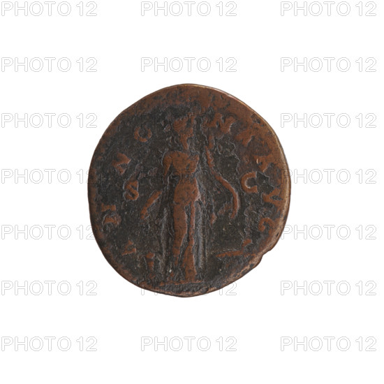 Antoninus Pius (86–161; Roman emperor 138–161), issuer. Obverse: Head of Antoninus Pius in a laurel wreath facing right, inscription NINVS AVG PI - VS PP TR. Reverse: Annona (personification) standing right, holding two ears of corn in her right hand and a cornucopia in her left; on the ground left a container (modius), right the stern of a ship, inscription AN NO - NA AVG; control letters in fields SC. Date: 140–144. Roman Imperial coin, Rome. Coin: diameter 25.0–26.5 mm, weight 10.30 g, axis 180°.