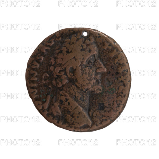 Antoninus Pius (86–161; Roman emperor 138–161), as (with a hole). Obverse: Head of Antoninus Pius in a laurel wreath facing right, inscription TONINVS AVG - PIVS PP all around. Reverse: Providentia standing left, stretching her right hand above a globe lying on the ground, holding a long scepter in her left hand, inscription TR POT X - COS IIII all around, letters S - C in fields. Date: 155–157. Roman Empire (27 BC–476), Rome. Coin, diameter 24.5–25.0 mm, weight 10.55 g, axis 180°.
