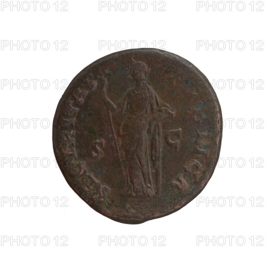 Antoninus Pius (86–161; Roman Emperor 138–161), issuer. Coin (Roman Empire, 145–161, Rome). Obverse: Head of Antoninus Pius in a laurel wreath to the right; legend ANTONINVS AVG PI - VS PP TR P COS IIII. Reverse: Securitas standing left, holding a long scepter in his right hand and supporting his left hand on a column; legend SECVRITAS - PVBLICA with mint marks in fields. Coin diameter 25.0–26.0 mm, weight 9.83 g, axis 180°.