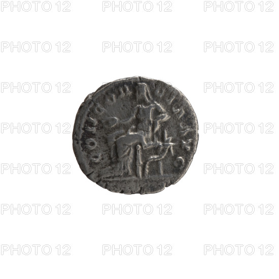 Denarius, Antoninus Pius (86–161; Roman emperor 138–161) — issuer. Obverse: Bust of Faustina I in drapery facing right, inscription STINA A, G AN, ONINI AVG PP. Reverse: Concordia seated left, holding a patera in her outstretched right hand, left hand on the back of the seat, under which is a cornucopia, inscription CONCOR-DIA AVG. Date: 138–139. Roman Empire (27 BC–476), Rome. Coin; diameter 16.0–17.0 mm, weight 2.95 g, axis 180°. Iconography: Faustina the Elder (98–141; Roman empress 138–141), personifications, Concordia, paterae, cornucopias.