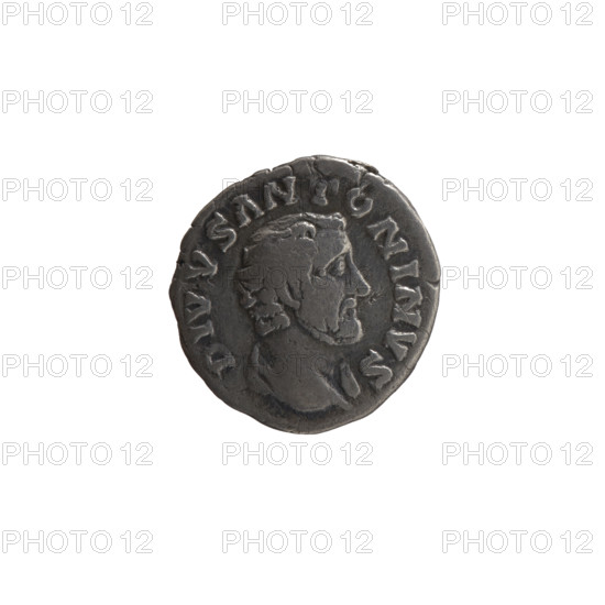 Denarius, posthumous issue for Antoninus Pius (86–161) and Lucius Verus (130–169) / Marcus Aurelius (121–180); obverse: head of Antoninus Pius without a covering, with drapery on the left shoulder, right, inscription 'DIVVS ANTONINVS' all around; reverse: funeral pyre with four tiers, decorated with garlands and statues, with a quadriga on top, inscription 'CONSECRATIO' all around; after 161 CE; Roman Empire, Rome; coin; diameter 17.0 mm; weight 2.68 g; axis 180°.