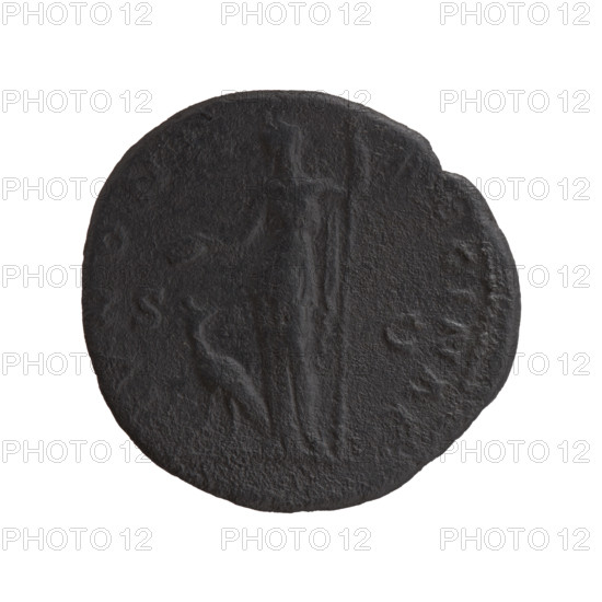 Faustina the Elder (98–141; Roman empress 138–141), Antoninus Pius (86–161; Roman emperor 138–161), issuer; Roman deities; Juno; peacock (attribute). Obverse: Bust of Faustina I in drapery to the right, inscription 'AVSTINA AVG - ANTONINI AVG PII' circumferential. Reverse: Veiled Juno stands left, holding a patera in her outstretched right hand and a long scepter in her left; a peacock stands at her feet; inscription 'IVNON' circumferential. Roman coin, struck 138–141 CE, Rome; diameter ca. 27.0–29.0 mm, weight 8.87 g, axis 165°.