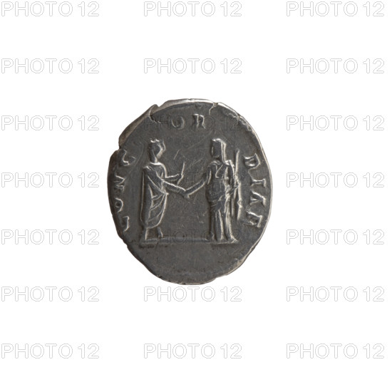 Denarius, posthumous issue of Faustina the Elder (98–141), Antoninus Pius (86–161) (issuer). Obverse: Bust of Faustina I in drapery facing right, inscription DIVA AVG · FAVSTINA. Reverse: Two figures shaking hands — left: Antoninus Pius standing right, holding a scroll; right: Faustina I standing left in a veil, holding a scepter, inscription CONC · OR · DIAE. After 141 CE, Roman Empire (27 BCE–476 CE), Rome. Coin: silver, diameter 16.0–18.0 mm, weight 3.00 g, axis 180°.