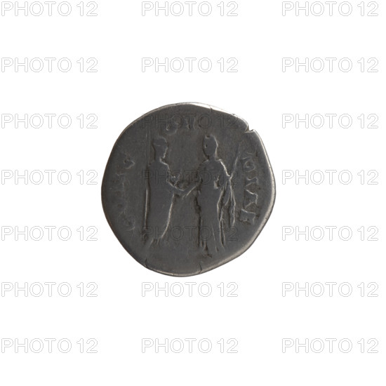Denarius, posthumous issue of Faustina the Elder (98–141; Roman empress 138–141); issuer Antoninus Pius (86–161; Roman emperor 138–161). Obverse: Bust of Faustina I in drapery facing right, inscription DIVA AVG • FAVSTINA. Reverse: Two figures shaking hands—Antoninus Pius standing left turned right, holding a scroll; Faustina I standing right turned left, veiled and holding a scepter, inscription CONCORDIAE. After 141 CE; Roman Empire (27 BCE–476 CE); Rome. Coin: silver denarius, diameter 17.5 mm, weight 2.80 g, axis 0°.