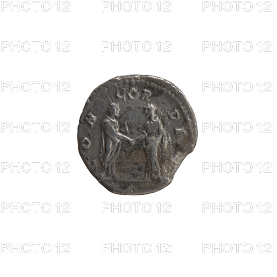 Denarius, Faustina the Elder (98–141; Roman empress 138–141) (posthumous); issuer: Antoninus Pius (86–161; Roman emperor 138–161). Obverse: Bust of Faustina I in drapery facing right, inscription DIVA AVG • FAVSTINA; Reverse: Two figures shaking hands—Antoninus Pius standing left turned right holding a scroll, Faustina I standing right turned left in a veil holding a scepter, inscription CON • COR • DI. After 141 CE; Roman Empire (27 BCE–476 CE), Rome. Coin; diameter 16.5–17.0 mm, weight 2.58 g, axis 180°.