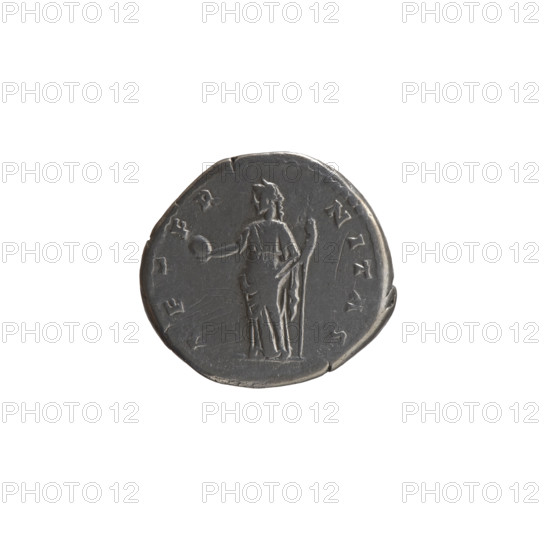 Denarius, posthumous issue for Faustina the Elder (98–141; Roman empress 138–141), issuer Antoninus Pius (86–161; Roman emperor 138–161). Obverse: Bust of Faustina I in drapery and veil facing right, inscription DIVA AVG FAVSTINA; Reverse: Providentia standing left, holding a globe in her right hand and a long scepter in her left, inscription AETER-NITAS. Iconography: personifications, scepters, veils, globe (attribute). After 141, Roman Empire (27 BC–476), Rome. Coin: diameter 16.0 mm–18.5 mm, weight 3.19 g, axis 0°.