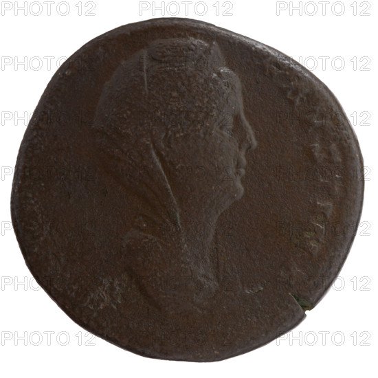 sestertius, Faustina the Elder (98–141; Roman empress 138–141) (posthumous), Antoninus Pius (86–161; Roman emperor 138–161) (issuer); aw: bust of Faustina I in drapery and veil facing right, DIV, TA - FAVSTINA around; rw: Pietas standing left, right hand pours incense on a candelabrum, holds a container of incense in left hand, - AS AVG all around, in SC fields; after 141, Roman Empire (27 BC–476), Rome; coin: diameter 29.5–30.0 mm, weight 22.00 g, axis 345°