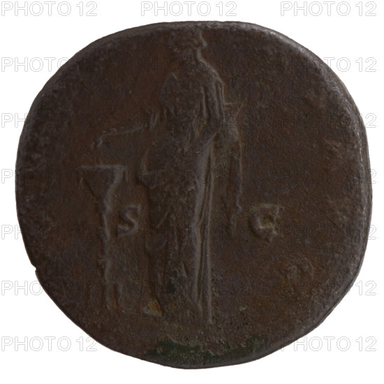 sestertius, posthumous issue for Faustina the Elder (98–141; Roman empress 138–141). Obverse: Bust of Faustina I draped and veiled, facing right, inscription DIV. TA FAVSTINA around. Reverse: Pietas standing left, right hand pouring incense on a candelabrum, holding an incense container in left, inscription - AS AVG all around, in SC fields. After 141, Roman Empire (27 BC–476), Rome. Coin; diameter 29.5–30.0 mm; weight 22.00 g; axis 345°. Maker: Antoninus Pius (86–161; Roman emperor 138–161), issuer.