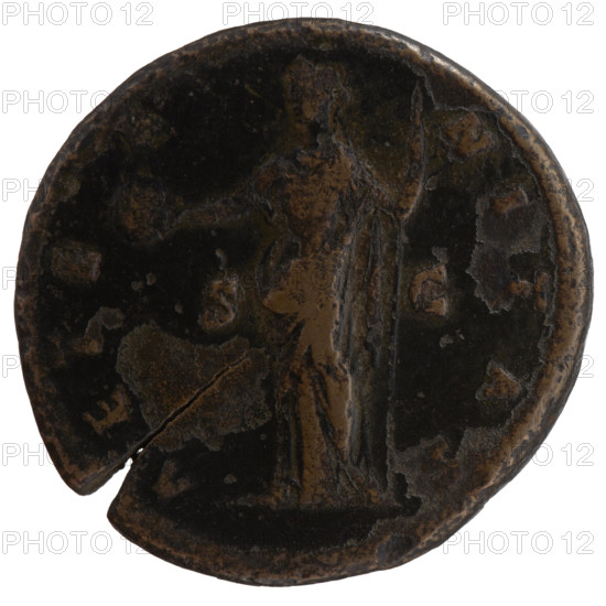 Sestertius, posthumous issue for Faustina the Elder (98–141; Roman empress 138–141), issued under Antoninus Pius (86–161; Roman emperor 138–161). Aw: Bust of Faustina I in drapery and veil facing right, inscription DIVA AVGVSTA · FAVSTI · A around. Rw: Providentia standing left, holding a globe in her outstretched right hand and a long scepter in her left, inscription AETER·NITAS around, in fields SC. After 141. Roman Empire, Rome. Coin: diameter 30.5–31.5 mm, weight 21.99 g, axis 30°.