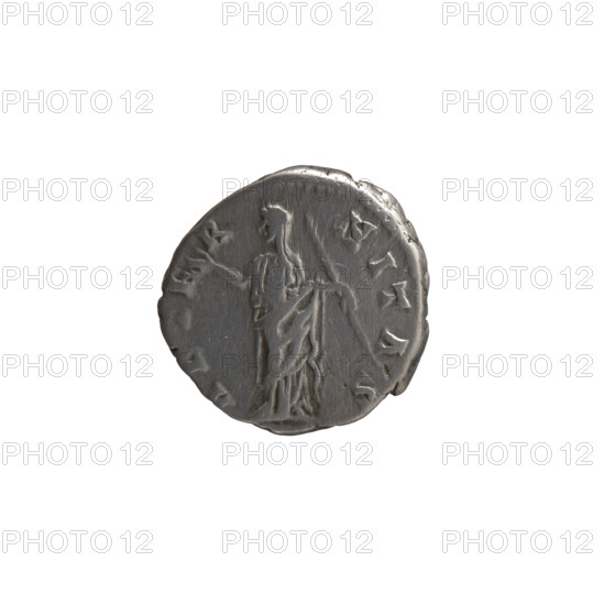 Denarius of Antoninus Pius (86–161; Roman emperor 138–161), issued for Faustina the Elder (98–141; Roman empress 138–141) posthumously. Obverse: Bust of Faustina I in drapery facing right, inscription DIVA · FAVSTINA. Reverse: Juno in a veil stands frontally, head turned left, right hand raised, holding a long scepter, inscription E · R · NITAS (E - R - NITAS). Bronze? (AE), after 141 CE, Roman Empire (27 BC–476), Rome. Coin diameter 15.5–16.5 mm, weight 3.42 g, axis 180°.