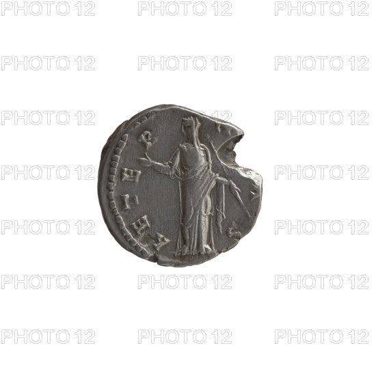 Denarius, posthumous issue for Faustina the Elder (98–141; Roman empress 138–141), issuer Antoninus Pius (86–161; Roman emperor 138–161). Obverse: Bust of Faustina I in drapery facing right, inscription 'DI - FAVSTI' around. Reverse: Juno standing frontally, veiled, head turned left, right hand raised, holding a long scepter in her left; inscription 'AETE - R - N' with 'AS' around. Iconography: Roman deities; scepters; Faustina the Elder—iconography. After 141, Roman Empire (27 BC–476), Rome. Coin: silver denarius; diameter 16.5–17.0 mm, weight 3.05 g, axis 180°.