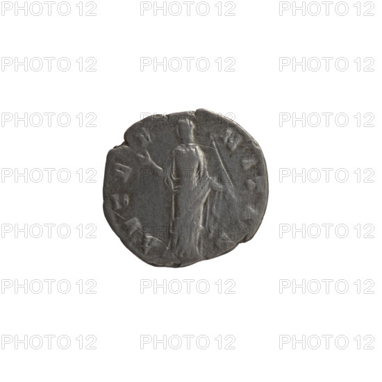 Denarius, Faustina the Elder (98–141; Roman empress 138–141) (posthumous), Antoninus Pius (86–161; Roman emperor 138–161) (issuer). Bust of Faustina I in drapery facing right, legend DIVA • FAVSTINA around; reverse: Juno in a veil stands frontally, turns her head to the left, right hand raised, holding a long scepter in her left hand, legend AETERNTAS circumferential. After 141, Roman Empire (27 BC–476), Rome. Coin; diameter 15.0–17.0 mm, weight 2.65 g, axis 180°.