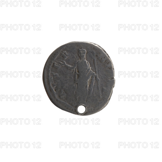 Denarius (with a hole), posthumous, depicting Faustina the Elder (98–141; Roman empress 138–141); issuer: Antoninus Pius (86–161; Roman emperor 138–161). Obverse: Bust of Faustina I in drapery facing right, inscription DIVA • FAVS• NA; Reverse: Juno (myth.) veiled, standing frontally, head turned left, right hand raised holding a long scepter, inscription AETE•R•NI. Iconography: Faustina the Elder — scepters. After 141, Roman Empire (27 BC–476), Rome. Coin: diameter 17.5 mm, weight 2.92 g, axis 180°.