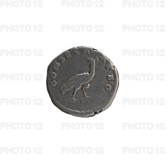 Denarius, posthumous issue for Faustina the Elder (98–141; Roman empress 138–141), issuer Antoninus Pius (86–161; Roman emperor 138–161). Obverse: Bust of Faustina I in drapery facing right, legend 'VA - FAVSTIN' (all around). Reverse: Peacock walking to the right, turning head to the left, legend 'CONSECR - ATIO' (all around). Iconography: peacocks; portrait of Faustina the Elder. After 141, Roman Empire (27 BCE–476 CE), struck in Rome. Coin; diameter 16.0–17.0 mm; weight 3.37 g; axis 180°.