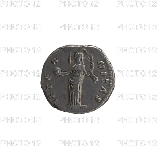 denarius, Faustina the Elder (98–141; Roman empress 138–141) (posthumous), Antoninus Pius (86–161; Roman emperor 138–161) (issuer), personifications, globe (attribute), Faustina the Elder — iconography, veils, Providentia (personification); obverse: bust of Faustina I in drapery and veil facing right, DIVA · FAVSTINA around; reverse: Providentia standing left, holding a globe in her outstretched right hand and a windblown veil, AETE · R · NITAS around; after 141, Rome, Roman Empire (27 BC–476); coin; diameter 16.5–18.0 mm; weight 3.55 g; axis 180°