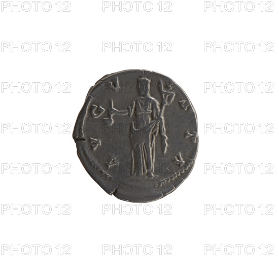 Denarius, posthumous issue for Faustina the Elder (98–141; Roman empress 138–141) and Antoninus Pius (86–161; Roman emperor 138–161). Obverse: bust of Faustina I in drapery facing right, inscription DIVA • FAVSTINA. Reverse: Vesta standing left, holding a ladle (simpulum) in her right hand and a statuette of Athena (palladium) in her left, inscription A • VGVSTA. After 141 CE, Roman Empire (27 BCE–476 CE), Rome. Coin; diameter 17.0–18.5 mm, weight 3.30 g, axis 15°.