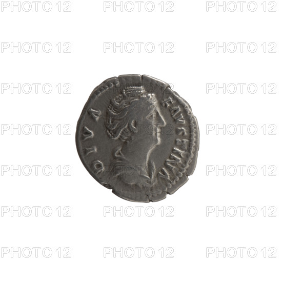 denarius, Faustina the Elder (98–141; Roman empress 138–141) (posthumous), Antoninus Pius (86–161; Roman emperor 138–161) (issuer); aw: Bust of Faustina I in drapery facing right, DIVA · FAVSTINA around; rw: Six-column façade of the temple of Divine Faustina with a statue of the empress in the middle, AED · DIV · FAVSTINAE circumferential; after 141, Rome, Roman Empire (27 BC–476); coin; diameter 16.5–18.0 mm; weight 3.15 g; axis 195°.