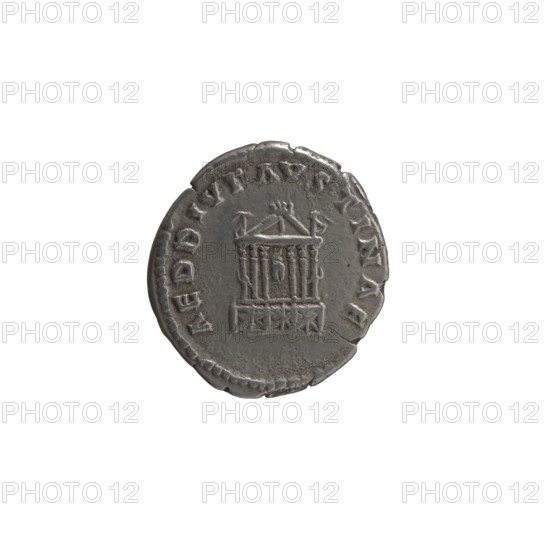 Denarius, Faustina the Elder (98–141; Roman empress 138–141) (posthumous); issuer: Antoninus Pius (86–161; Roman emperor 138–161). Obverse: Bust of Faustina I in drapery facing right, inscription DIVA · FAVSTINA. Reverse: Six-column façade of the temple of Divine Faustina with a statue of the empress in the middle, inscription AED · DIV · FAVSTINAE. After 141, Rome, Roman Empire (27 BC–476). Coin; diameter 16.5–18.0 mm, weight 3.15 g, axis 195°.