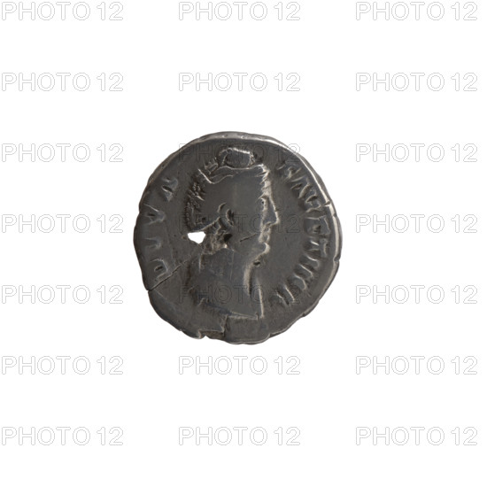 Denarius (with a hole), posthumous issue for Faustina the Elder (98–141; Roman empress 138–141), issuer Antoninus Pius (86–161; Roman emperor 138–161). Obverse: Bust of Faustina I in drapery facing right, inscription DIVA • FAVSTINA. Reverse: Six-column façade of the temple of Divine Faustina with a statue of the empress in the middle, inscription AED • DIV • FAVST. After 141, Roman Empire (27 BC–476), Rome. Coin: diameter 16.0–17.5 mm, weight 2.93 g, axis 0°.