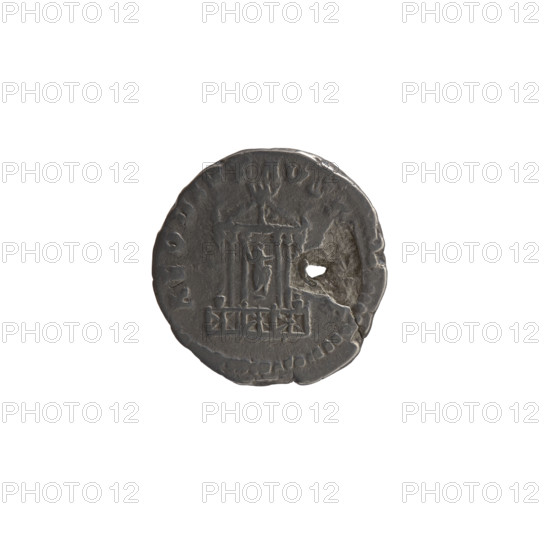 Denarius (with a hole), posthumous issue for Faustina the Elder (98–141; Roman empress 138–141); issuer Antoninus Pius (86–161; Roman emperor 138–161). Obverse: bust of Faustina I in drapery facing right, legend DIVA • FAVSTINA. Reverse: six-column façade of the temple of Divine Faustina with a statue of the empress in the middle, legend AED • DIV • FAVST. Date: after 141. Roman Empire (27 BC–476), Rome. Coin diameter: 16.0–17.5 mm; weight: 2.93 g; axis 0°.
