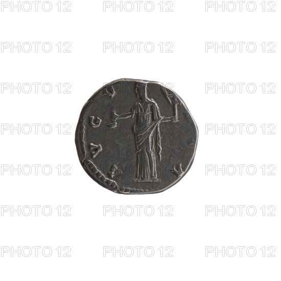 Denarius, posthumous Faustina the Elder (98–141; Roman empress 138–141); issuer: Antoninus Pius (86–161; Roman emperor 138–161). Obverse: bust of Faustina I in drapery and veil facing right, inscription DIVA FAVSTINA. Reverse: Vesta standing left, holding a ladle (simpulum) in her right hand and a statuette of Athena (palladium) in her left, inscription A VGV—. After 141 CE, Roman Empire (27 BC–476), Rome. Coin: diameter 16.0–17.0 mm, weight 3.22 g, axis 345°.