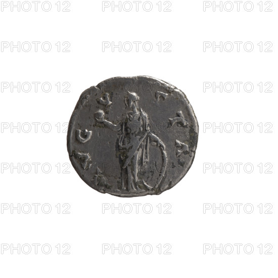 Denarius, Faustina the Elder (98–141; Roman empress 138–141) (posthumous), issuer Antoninus Pius (86–161; Roman emperor 138–161). Bust of Faustina I in drapery facing right, inscription DIVA • FAVSTINA around; reverse: Venus stands left, holds an apple in her right hand, rests her left hand on a shield standing on the ground, inscription A•VG•V•STA circumferential. After 141, Roman Empire (27 BC–476), Rome. Coin: diameter 17.0–18.5 mm, weight 3.25 g, axis 180°.