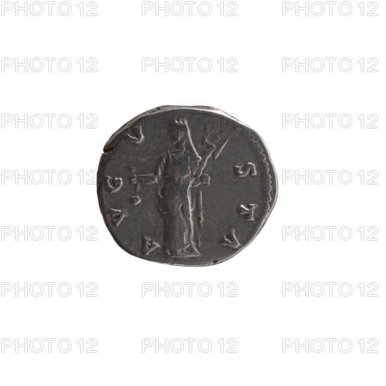 Denarius, posthumous issue for Faustina the Elder (98–141; Roman empress 138–141), issued under Antoninus Pius (86–161; Roman emperor 138–161). Obverse: bust of Faustina I in drapery facing right, inscription DIVA · FAVSTINA. Reverse: Vesta standing left, holding a ladle (simpulum) in her right hand and a statuette of Athena (palladium) in her left, inscription A·VG·V·STA. After 141 CE; Roman Empire. Coin; diameter 16.5–18.0 mm, weight 3.40 g, axis 15°.