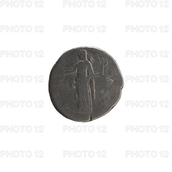 Denarius, Faustina the Elder (98–141; Roman empress 138–141) (posthumous); issuer: Antoninus Pius (86–161; Roman emperor 138–161). Obverse: Bust of Faustina I in drapery facing right, legend DIVA · FAVSTINA. Reverse: Vesta standing left, holding a ladle (simpulum) in her right hand and a statuette of Athena (palladium) in her left; legend A V · – S · A. After 141, Rome, Roman Empire (27 BC–476). Coin; diameter 16.5–17.0 mm, weight 3.05 g, axis 0°.