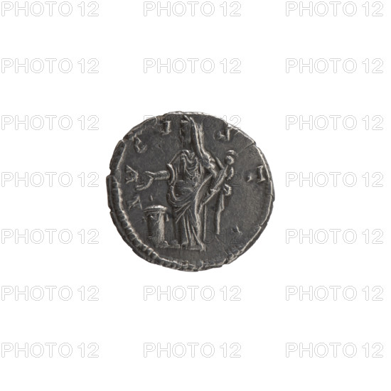 Denarius, Faustina the Elder (98–141; Roman empress 138–141) (posthumous), issuer Antoninus Pius (86–161; Roman emperor 138–161). Obverse: bust of Faustina I in drapery facing right, inscription DIV-STINA around. Reverse: Vesta stands left, holding a statuette of Athena (palladium) in her left hand and a patera in her right above an altar, inscription A VGV-STA around. After 141, Rome, Roman Empire (27 BC–476). Coin; diameter 15.5–16.5 mm, weight 2.75 g, axis 180°.