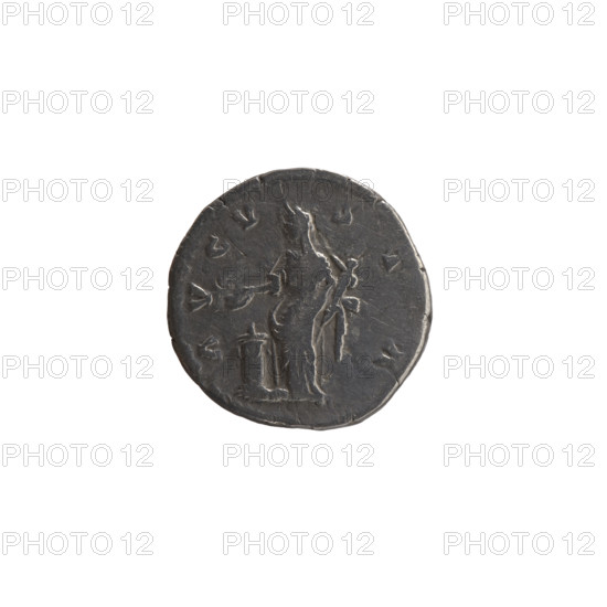 Denarius, Faustina the Elder (98–141; Roman empress 138–141) (posthumous), issuer: Antoninus Pius (86–161; Roman emperor 138–161). Obverse: Bust of Faustina I in drapery facing right, legend IVA FAV•STINA. Reverse: Vesta standing left, holding a statuette of Athena (palladium) in her left hand and a patera in her right above an altar, legend A VGV•STA. After 141, Roman Empire (27 BC–476), Rome. Coin; diameter 15.5–16.5 mm, weight 2.75 g, axis 180°. Icons: Roman deities; iconography features altars, paterae, Vesta, palladium.