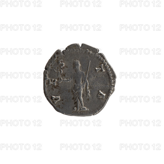 Denarius, posthumous issue for Faustina the Elder (98–141; Roman empress 138–141), struck under Antoninus Pius (86–161; Roman emperor 138–161), after 141, Rome, Roman Empire (27 BC–476). Obverse: bust of Faustina I in drapery facing right, inscribed D IVA - FAVSTINA. Reverse: Vesta standing left, holding a statuette of Athena (palladium) in her outstretched right hand and a scepter in her left, inscribed V E - S - TA. Silver coin; diameter 17.0 mm, weight 3.15 g, axis 180°.