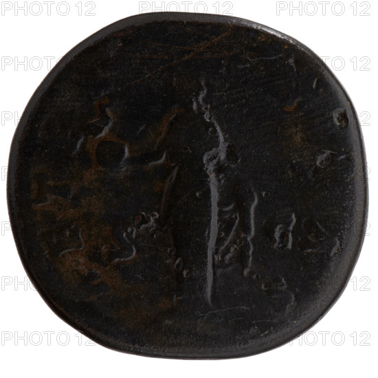 sestertius, Faustina the Elder (98–141; Roman empress 138–141) (posthumously), Antoninus Pius (86–161; Roman emperor 138–161) (issuer); obverse: Bust of Faustina I in drapery facing right, inscription VA - FAVSTINA; reverse: Aeternitas standing left, holding in her outstretched right hand a globe with Phoenix, left hand raising hem of robe, inscription AETE, AS all around, in SC. Fields. After 141, Rome, Roman Empire (27 BC–476). Coin; diameter 31.0–32.5 mm, weight 28.10 g, axis 135°.