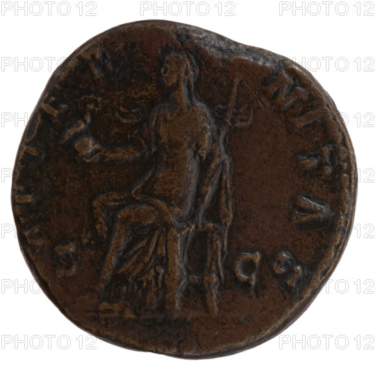 Sestertius, posthumous issue for Faustina the Elder (98–141; Roman empress 138–141), issued under Antoninus Pius (86–161; Roman emperor 138–161). Obverse: bust of Faustina I in drapery facing right, inscription DIVAE FAVSTINAE around. Reverse: Aeternitas (personification) veiled, seated left on a throne, holding a globe with a phoenix in her outstretched right hand and a scepter in her left, inscription AETERNITAS around; mint mark in exergue. After 141 CE. Roman Empire, Rome. Coin (sestertius): diam. 29.5–31.0 mm, weight 25.45 g, axis 345°.