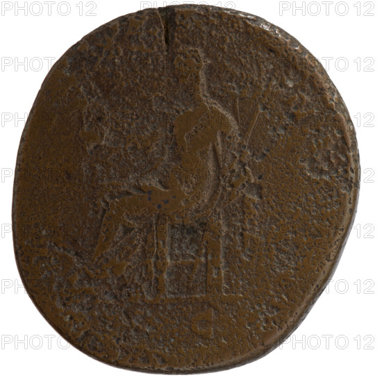 Sestertius, posthumous issue for Faustina the Elder (98–141; Roman empress 138–141); issuer: Antoninus Pius (86–161; Roman emperor 138–161). Obverse: bust of Faustina I draped, facing right, inscription VA FAV - S, NA around. Reverse: Aeternitas personified seated left, veiled, holding a globe topped by a phoenix in right outstretched hand and a scepter in left; inscription - NI around. Iconography: Faustina I; personifications; phoenix; globe. After 141 CE, Rome, Roman Empire. Coin; diameter 30.5–33.5 mm; weight 24.70 g; axis 0°.