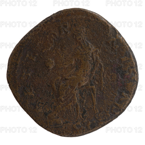 Sestertius, posthumous issue for Faustina the Elder (98–141; Roman empress 138–141); issuer: Antoninus Pius (86–161; Roman emperor 138–161). Obverse: bust of Faustina I in drapery facing right, inscription VA FAV... around. Reverse: Aeternitas in a veil seated on throne to left, holding a globe with a phoenix in outstretched right hand and a scepter in left, legend AETERNI... around, in the SC. segment. After 141, Rome, Roman Empire (27 BC–476). Coin; diameter 29.5 mm; weight 21.65 g; axis 0°.