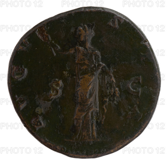 sestertius, Faustina the Elder (98–141; Roman empress 138–141) (posthumously), Antoninus Pius (86–161; Roman emperor 138–161) (issuer); Bust of Faustina I in drapery facing right, inscription D IVA - FAVSTINA around; reverse: Ceres stands frontally, head turned left, in her raised right hand a short torch, in her lowered left hand ears of corn, inscription A VGV - STA all around, in SC fields; after 141, Roman Empire (27 BC–476), Rome; coin; diameter 30.5–31.0 mm, weight 27.90 g, axis 15°.