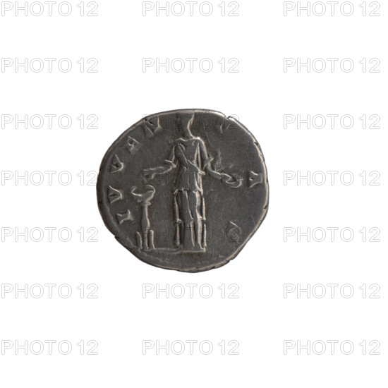 Denarius, ca. 140–144. Obverse: Head of young Marcus Aurelius, bare, facing right, legend 'AVRELIVS CAESAR - AVG PII F COS.' Reverse: Iuventas (personification of youth) standing left, pouring incense on a candelabrum with her right hand and holding a patera in her left, legend 'IVVEN - TAS' around. Roman Empire (27 BC–476), Rome. Coin; silver. Diameter ~16.0–17.5 mm; weight 3.30 g; axis 195°. Makers/issuers: Marcus Aurelius (121–180; Caesar 139–161) and Antoninus Pius (86–161; Roman emperor 138–161). Iconography: candelabra, paterae, Iuventas, incense.