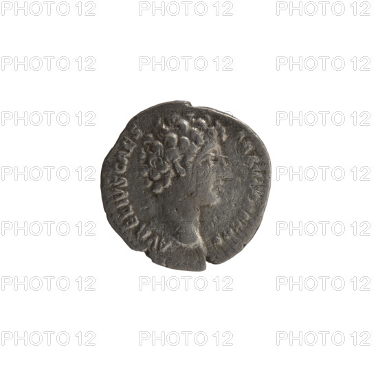 Denarius, Antoninus Pius (86–161; Roman emperor 138–161), issuer; Marcus Aurelius (121–180; Roman emperor 161–180), caesar 139–161. Obverse: head of young Marcus Aurelius without a cover to right, legend 'AVRELIVS CAES - AR AV, II F, OS' circumferentially. Reverse: sacred utensils from the left — knife (secespita), sprinkler (aspergillum), jug (capis), crosier (lituus) and dipper (simpulum), legend 'PIETA, AVG' circumferentially. Iconography: aspergillums, crosier, offering, ladles, jugs. Date: 140–144. Roman Empire, Rome. Coin; diameter ca. 17.0–17.5 mm; weight 2.60 g; axis 195°.