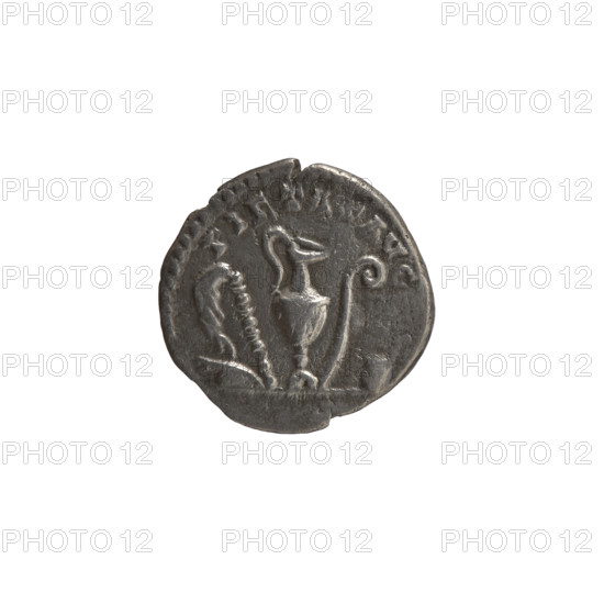 Denarius, Antoninus Pius (86–161; Roman emperor 138–161), issued for Marcus Aurelius (121–180; Roman emperor 161–180; caesar 139–161). Obverse: head of young Marcus Aurelius without a cover to the right; legend AVRELIVS CAES–AR AV, II F, OS. Reverse: sacred utensils from the left—knife (secespita), sprinkler (aspergillum), jug (capis), crosier (lituus) and dipper (simpulum); legend PIETAS AVG. Date: ca. 140–144. Roman Empire, Rome. Coin; silver; diameter ~17.0–17.5 mm; weight 2.60 g; axis 195°.