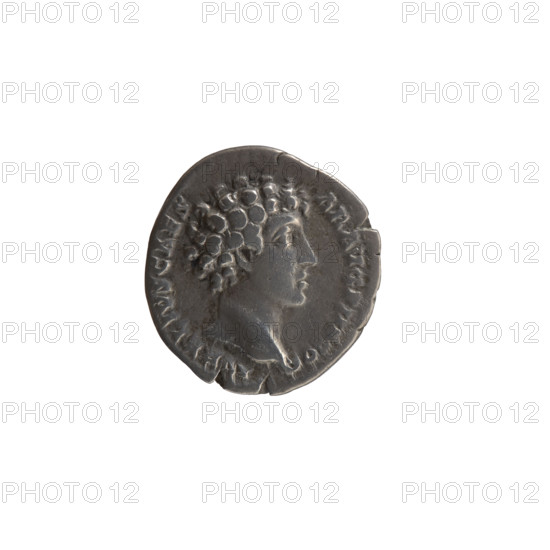 Denarius, Marcus Aurelius (121–180; Roman emperor 161–180), caesar 139–161; Antoninus Pius (86–161; Roman emperor 138–161) issuer. Obverse: Head of young Marcus Aurelius without a cap facing right, legend AVRELIVS CAES · AR AVG PII F COS. Reverse: Sacred utensils from the left: knife (secespita), sprinkler (aspergillum), jug (capis), crosier (lituus) and dipper (simpulum), legend PIET · AVG. Date: ca. 140–144. Roman Empire, Rome. Coin; diameter 16.5–17.5 mm; weight 3.20 g; axis 0°.