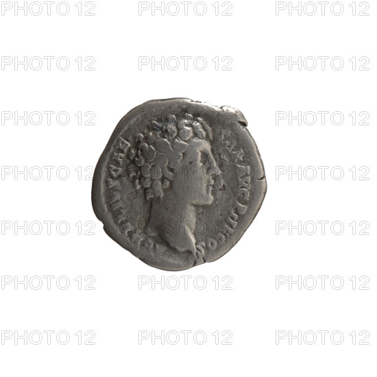 Denarius, Marcus Aurelius (121–180; Roman emperor 161–180), issued under Antoninus Pius (86–161; Roman emperor 138–161). Obverse: head of young Marcus Aurelius without a cap to the right, legend 'AVRELIVS CAESAR AVG PII F COS'. Reverse: sacred utensils from the left — knife (secespita), sprinkler (aspergillum), jug (capis), crosier (lituus) and dipper (simpulum); legend 'PIETAS AVG'. Date: ca. 140–144 CE. Roman Empire, Rome. Silver coin (denarius), diameter ca. 17.5–18.0 mm, weight 2.88 g, axis 0°.
