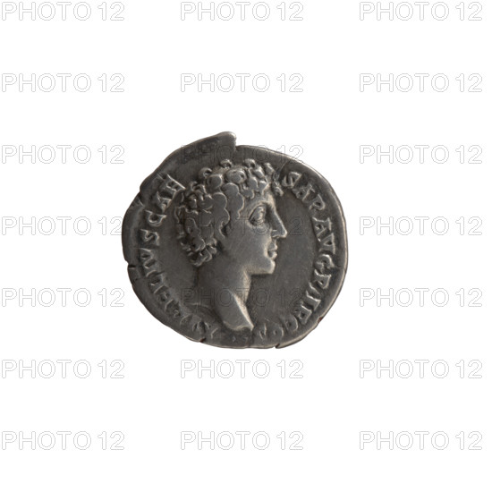 Denarius, Marcus Aurelius (121–180; Roman emperor 161–180), (caesar 139–161); issuer: Antoninus Pius (86–161; Roman emperor 138–161). Obverse: Head of young Marcus Aurelius to right, legend 'AVRELIVS CAE-SAR AVG PII F COS'. Reverse: Sacred utensils from left — knife (secespita), sprinkler (aspergillum), jug (capis), crosier (lituus) and dipper (simpulum) — with legend 'PIETAS AVG'. Date: ca. 140–144. Roman Empire, Rome. Silver coin (denarius). Diameter: 17–18 mm. Weight: 2.85 g. Axis: 0°.