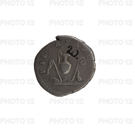 Denarius, Marcus Aurelius (121–180; Roman emperor 161–180), (caesar 139–161); issuer: Antoninus Pius (86–161; Roman emperor 138–161). Obverse: Head of young Marcus Aurelius right, legend AVRELIVS CAE SAR AVG PII F COS. Reverse: Sacred utensils from left—knife (secespita), sprinkler (aspergillum), jug (capis), crosier (lituus) and dipper (simpulum), legend PIETAS AVG. Circa 140–144. Roman Empire, Rome. Silver coin, diameter 17–18 mm, weight 2.85 g, axis 0°.
