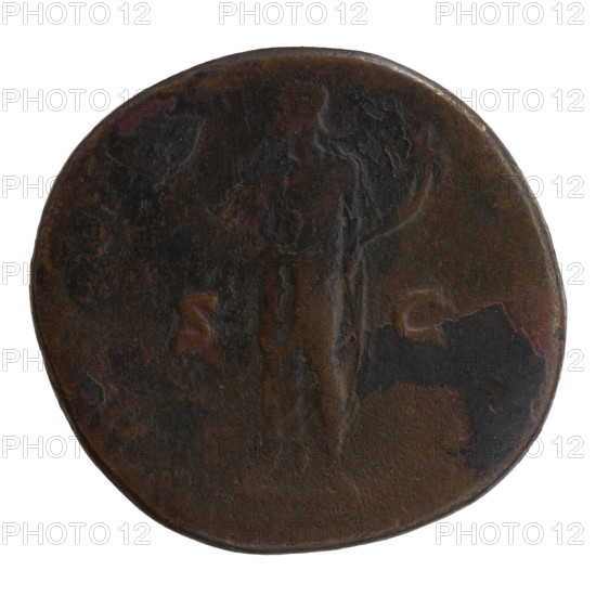 Sestertius, Antoninus Pius (86–161; Roman emperor 138–161), issuer Marcus Aurelius (121–180; Roman emperor 161–180), caesar 139–161; iconography: branches, personifications, Honos, cornucopias. Obverse: Head of young Marcus Aurelius without a covering to the right, legend A[?]ELIVS CAESA[?]. Reverse: Honos stands left, holding a branch in his right hand and a cornucopia in his left, legend H O N S, in SC. Date: ca. 140–144. Roman Empire, Rome. Coin; weight 22.6 g; diameter 30.0–31.5 mm; axis 180°.