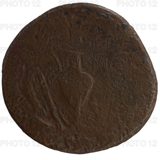 Sestertius, Marcus Aurelius (121–180; Roman emperor 161–180), (caesar 139–161); issuer: Antoninus Pius (86–161; Roman emperor 138–161). Obverse: Head of young Marcus Aurelius without a cover to the right, inscription RELIVS C, E - SAR AV, IF COS circumferentially. Reverse: Sacred utensils from the left: knife (secespita), sprinkler (aspergillum), jug (capis), crosier (lituus) and dipper (simpulum), circumferentially; inscription in section S, 140–144. Roman Empire (27 BC–476), Rome. Coin; diameter 33.0–34.0 mm; weight 24.5 g; axis 0°.