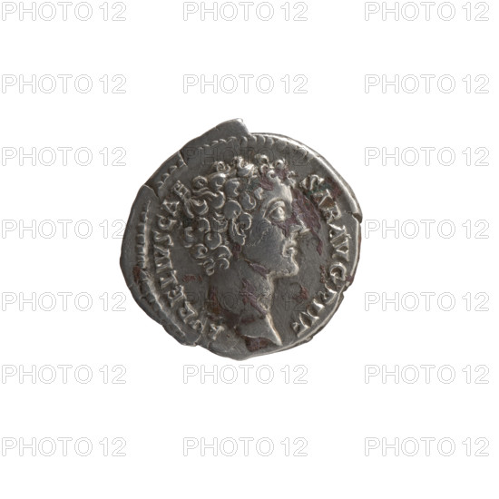 Denarius; obverse: head of young Marcus Aurelius without a cap to the right, inscription 'AVRELIVS CAE SAR AVG PII F' (circumferential). Reverse: Honos (personification) stands left, holding a branch in his right hand and a cornucopia in his left, inscription 'C OS - II' (circumferential). Issuer: Antoninus Pius; makers/figures: Marcus Aurelius (heir to the throne), Antoninus Pius. Date: 145–147. Culture/place: Roman Empire, Rome. Materials/format: coin; diameter c.18–19 mm; weight 3.15 g.