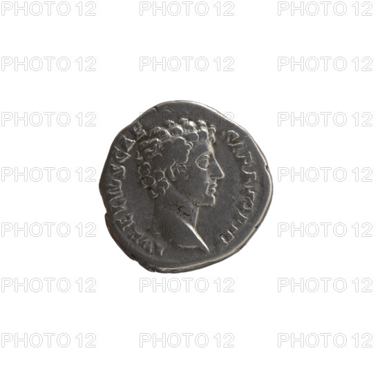 Denarius, ca. 145–147. Obverse: Head of young Marcus Aurelius without a cap to the right, inscription 'AVRELIVS CAE - SAR AVG PII F' (circumferential). Reverse: Honos (personification) stands left, holding a branch in his right hand and a cornucopia in his left; twigs, cornucopias present; inscription 'C OS - I I' (circumferential). Issuer: Antoninus Pius; makers/figures: Marcus Aurelius (heir to the throne), Antoninus Pius. Roman Empire (27 BC–476), Rome. Coin (metal): diameter 17.0–17.5 mm, weight 3.39 g, axis 180°.