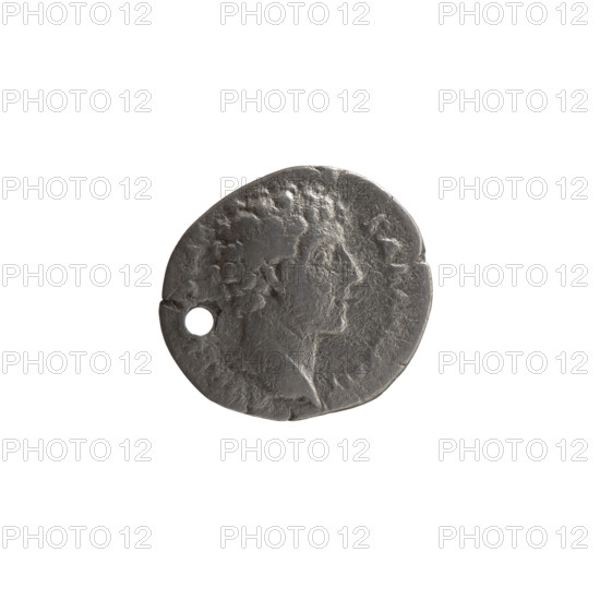 Denarius (with a hole), Marcus Aurelius (121–180; Roman emperor 161–180), issued under Antoninus Pius (86–161; Roman emperor 138–161). Obverse: Head of young Marcus Aurelius without a cap to the right, inscription 'AVREL, S CAE - SAR AVG PII F' (circumferential). Reverse: Honos (personification) standing left, holding a branch in his right hand and a cornucopia in his left, inscription (circumferential). Iconography: personifications, Honos, branches, cornucopias. Date: ca. 145–147 CE. Roman Empire; Rome. Coin: diameter 16.0–17.5 mm, weight 2.81 g, axis 195°.