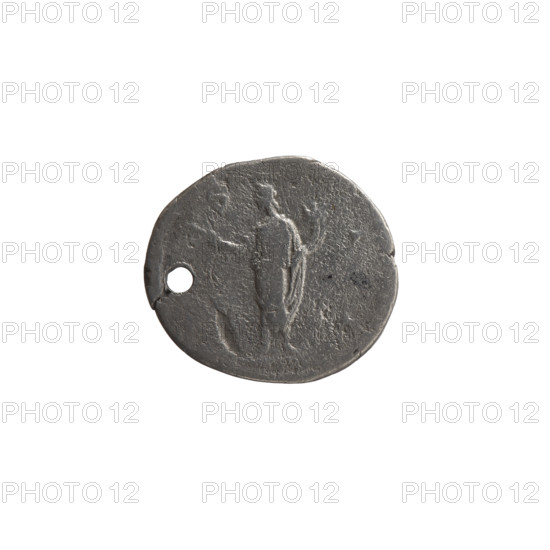 Denarius (with a hole), Marcus Aurelius (121–180; Roman emperor 161–180), issued under Antoninus Pius (86–161; Roman emperor 138–161). Obverse: head of young Marcus Aurelius, bare, facing right, inscription 'AVREL S CAE - SAR AVG PII F' (circumferential). Reverse: Honos standing left, holding a branch in his right hand and a cornucopia in his left, inscription (circumferential). Iconography: personifications, Honos, branches, cornucopias. Date ca. 145–147. Roman Empire; Rome. Coin: diameter 16.0–17.5 mm, weight 2.81 g, axis 195°.