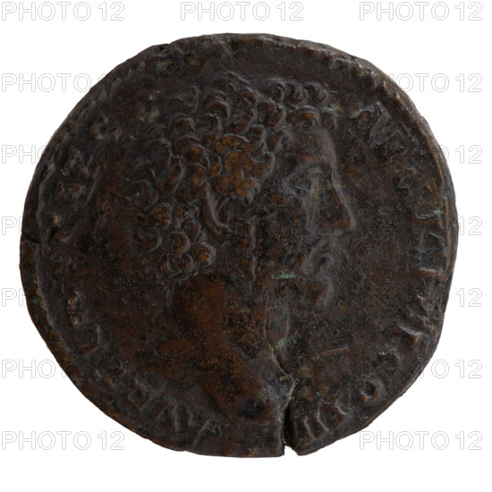 Sestertius, Marcus Aurelius (121–180; Roman emperor 161–180), (caesar 139–161); issuer: Antoninus Pius (86–161; Roman emperor 138–161). Obverse: Head of young Marcus Aurelius bare, facing right; legend 'AVRELIV CAES-A AV PII F COS II' (around). Reverse: Minerva walking right, right hand raised holding a spear ready to throw, left hand holding a round shield (seen from center); no surrounding legend; control marks in fields. Date ca. 145–147, Roman Empire (27 BC–476), Rome. Coin: bronze, diameter 28.5–30.5 mm, weight 24.90 g, axis 0°.
